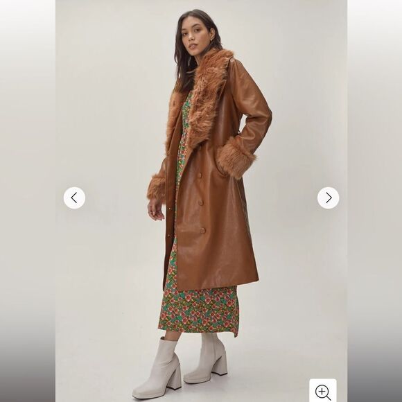 COPY - NASTY GAL Faux Leather Fur Trimmed Tan Db Coat - Picture 3 of 9